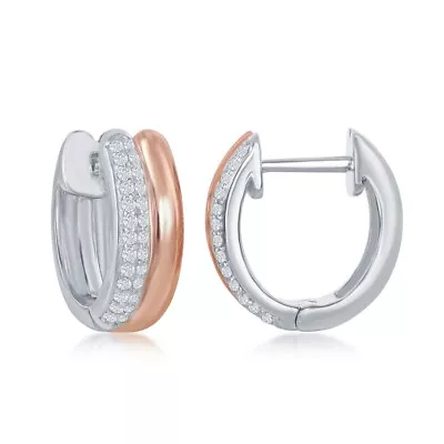 Sterling Silver Two-Tone Rose Gold Plated Micro Pave Double Hoop Earrings • $87