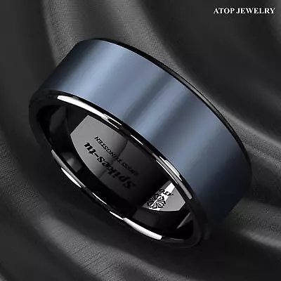 Black Tungsten Carbide Ring Sea Blue Brushed Center Bridal Band ATOP Men Jewelry • $21.99