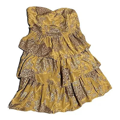 Anthropologie Moulinette Soeurs Womens Gold Floral Silk Strapless Dress Size 8 • $34.99