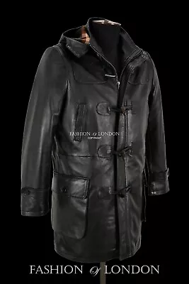 Men’s Duffel Coat Real Leather Black Napa Hooded Knee Length Horn Toggle Jacket • $157.84