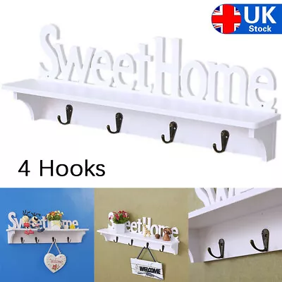 4 Hook Wooden Wall Mounted Coat Rack With Shelf Clothes Hat Key Hanger Decor NEW • £6.80