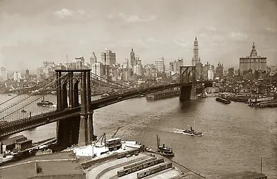Early 1900's Brooklyn Bridge And NYC Skyline Vintage Photo 8.5  X 11  Reprint • $13