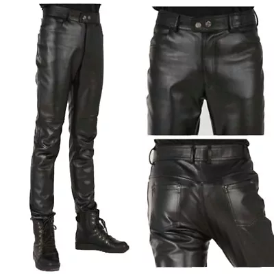 Men's Authentic Lambskin Real Leather Pant Slim Fit Stylish Trousers Black • $113.99