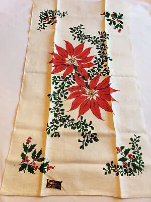 Vintage Kay Dee Linen Tea Towel Christmas Poinsettia Mistletoe Handprints NWT • $19.60