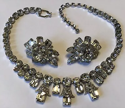 Vintage Eisenberg Ice Signed Clear Rhinestone Necklace & Earrings Xw1 • $145