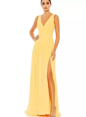 Mac Duggal CHIFFON SLEEVELESS WRAP OVER A LINE GOWN YELLOW SIZE 0 (55793) • $135.99