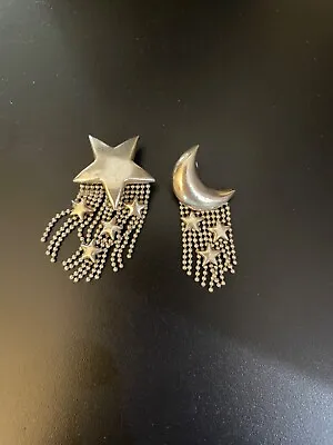 $31 • Buy Crescent Moon Star Dangle Earrings Sterling Artisan Face Man Celestial Sky 1.25 