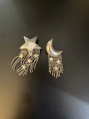 $31 • Buy Crescent Moon Star Dangle Earrings Sterling Artisan Face Man Celestial Sky 1.25 
