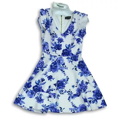 My Michelle Womens Blue Floral Cap Sleeve Knee Length A-Line Dress Size 0 • $12.34