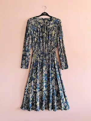 M&S Size 12 Slate Blue + Cream Floral Print Long Sleeved MIDI Prairie Dress • £3.20