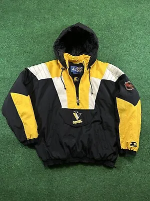 Vtg Pittsburgh Penguins Starter Hooded Puffer Pullover Jacket Sz L NHL Hockey • $100
