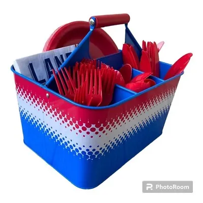 Target Red White And Blue Divided Metal Utensil Caddy Holder Picnic Handle USA • $12