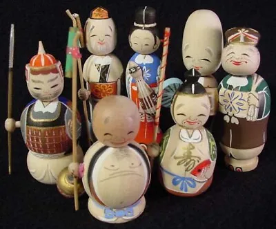 RARE 7 Lucky Gods Nodder Kokeshi Doll Set Fine Detail Old Stock 1960's Mint • $199.95