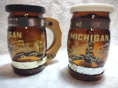 Vintage Michigan The Mackinac Bridge Glass Barrell Mug Salt & Pepper Shakers • $8