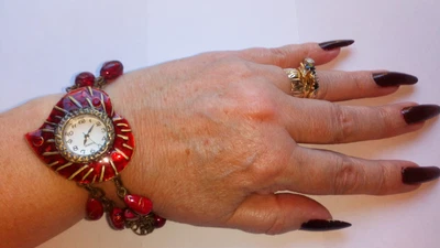 Beautiful Ladies RED Beaded And Charm Bracelet Watch For All Occasions • £2.39