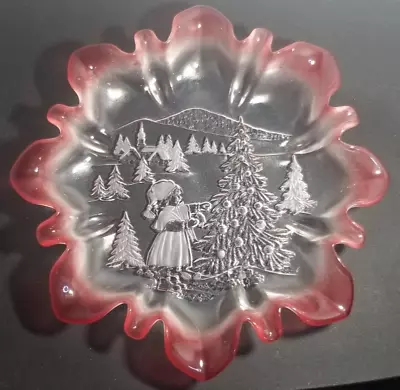 MIKASA Holiday CHRISTMAS STORY Large 13  Ruffled Round Xmas Plate Cranberry Tint • $17.98