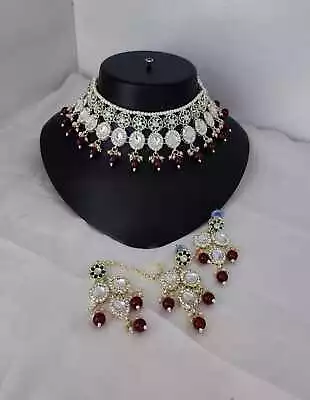 Indian Bollywood Meenakari Gold Plated Kundan Maroon Choker Necklace Jewelry Set • $21.57