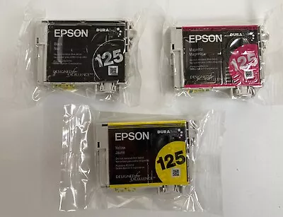 Epson Lot Of 3 125 Ink Cartridges Black Magenta Yellow  Sealed Open Box • $11.99