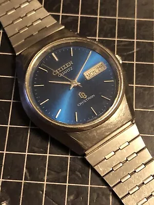 $44.70 • Buy Vintage Citizen Quartz Crystron Stainless Steel Blue Dial Mens Watch  44-1447