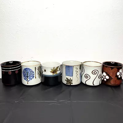 Set (6) Vintage Glazed Stoneware Pottery Coffee Mugs - Floral & Striped Design • $48.60