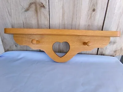 Vtg Solid Oak Wall Shelf Heart Cut Out Pegs Wood Country 22  Natural Handcrafted • $16.50