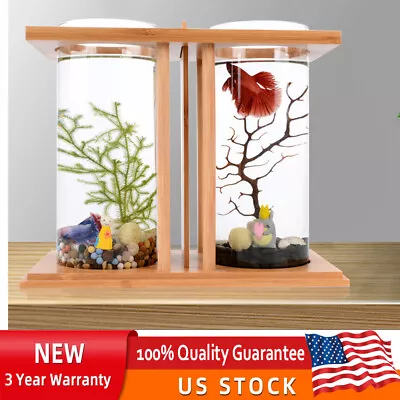 Glass Betta Fish Tank Bamboo Base Mini Aquarium Fish Tank For Desktop • $20.90