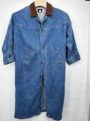 Vintage SUN BELT Blue Denim Jean Long Coat Duster Trench Jacket Maxi Lt Wash M/L • $95