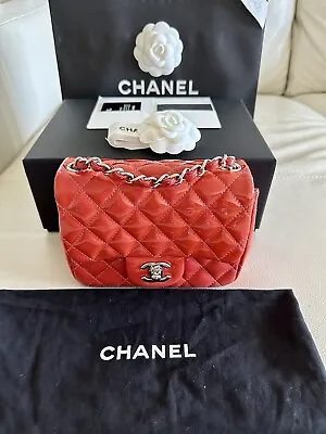 $4220 • Buy Chanel Classic Coral Patent Mini Square Shoulder Bag RARE EUC