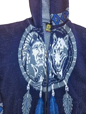 Vtg Tejidos Ruminahui Native American Wolf Wool Hoodie Full Zip Sweater Ecuador  • $39.99