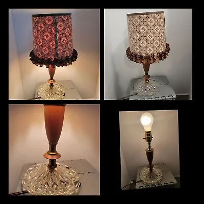 Vintage Crystal Lamp: Bedside Accent Boudoir Clear Glass Wood Ruffled Shade  • $35