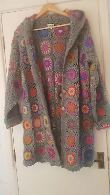 Pachamama Crochet Wool Coat Jacket Granny Squares Medium UK 12 14 Handmade  New • £75