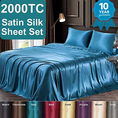 Satin Bed Sheet Set 2000TC 4 PCS Satin Flat Sheets Fitted Sheet Wrinkle-Free • $29.99