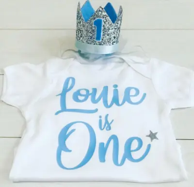 £9.49 • Buy Personalised Boys First 1st Birthday Outfit Cake Smash Set & Crown Hat Baby Blue