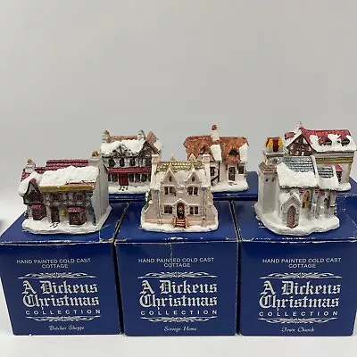 A Dickens Christmas Collection Hand Painted Cold Cast Cottage Set Of 6 VTG 1988 • $19.79