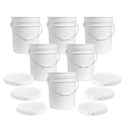 5 Gallon White Bucket & Lid 90 Mil All Purpose Pail BPA Free 6 Pieces Food Grade • $77.86