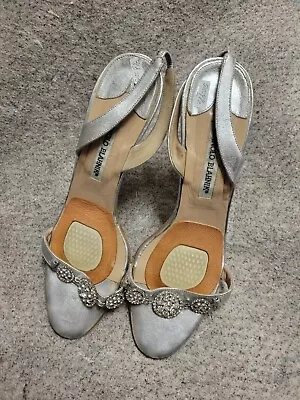 MANOLO BLAHNIK Jeweled Carolyn SILVER Slingback Pumps Sz US 9.5. VINTAGE • $35