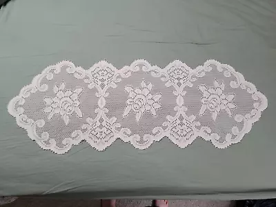 Lace Table Runner White Roses Design  13.5  X 36  Scalloped Edges VGUC Free Ship • $9.95