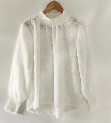 DECJUBA Size 14 White Flocked Smocked Detail Long Sleeve Blouse • $18.50