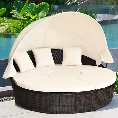 Patio Rattan Daybed Wicker Outdoor Sofa Bed Furniture Set W/ Canopy Pillow Table • $519.99