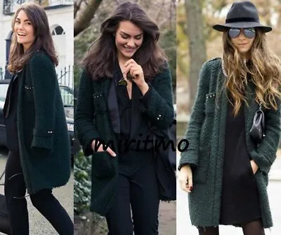 A562 Zara Green Tweed Boucle Coat Fantasy Chain Blazer Jacket Gold Studded - S • £95.99