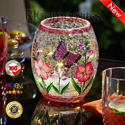 Crackle Glass Candle Holder Summer Lantern Hand Painted With A String Of LED • £24.89