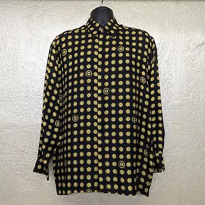 $450 • Buy Vintage Men's VERSACE Classic V2 Black & Yellow Silk Sun Print Shirt Button Up M