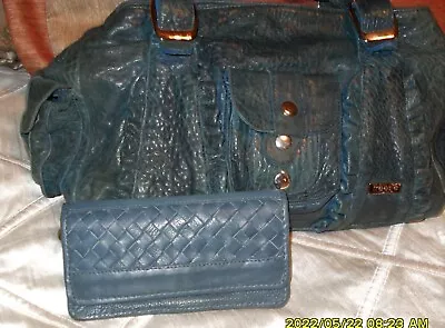 $69.99 • Buy Lot Of 2 Treesje Dark Bl Green Leather Shouler Bag Handbag Purse Tote & Wallet