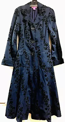 Betsey Johnson Vintage Navy Coat Velvet Floral Pattern 40-s Feminine M Midi • $250