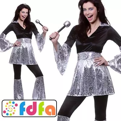 Wicked 1970s 70's Black & Silver Mamma Mia Ladies Adults Fancy Dress Costume • £24.39