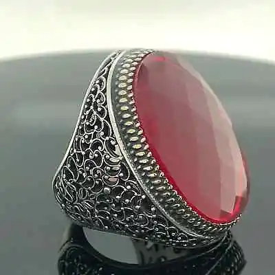 Man Handmade Large Ring  Silver Ruby Stone Ring  Big Red Stone Ring • $99