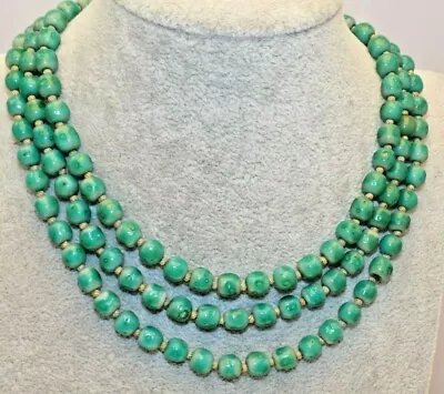 Unique Vintage Dimple Peking Art Glass Faux Jade 3 Strand Necklace 88g Gold Tone • $150