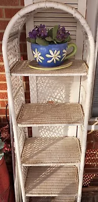 Vintage White Wicker Rattan Boho Cottage Shabby Chic Shelf (5 Shelves) • $299.99