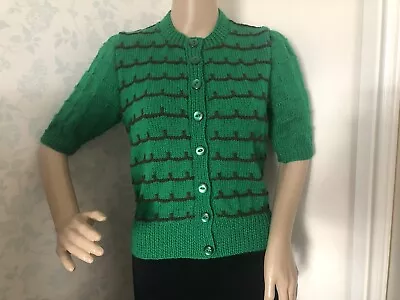 Hand Knitted Vintage Style Cardigan 1940/1950s 36” Emerald Green/Brown • £41.99