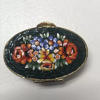 Vintage Black Colourful Micro Mosaic Italian Etched Silver Metal Pill Box • $37.50